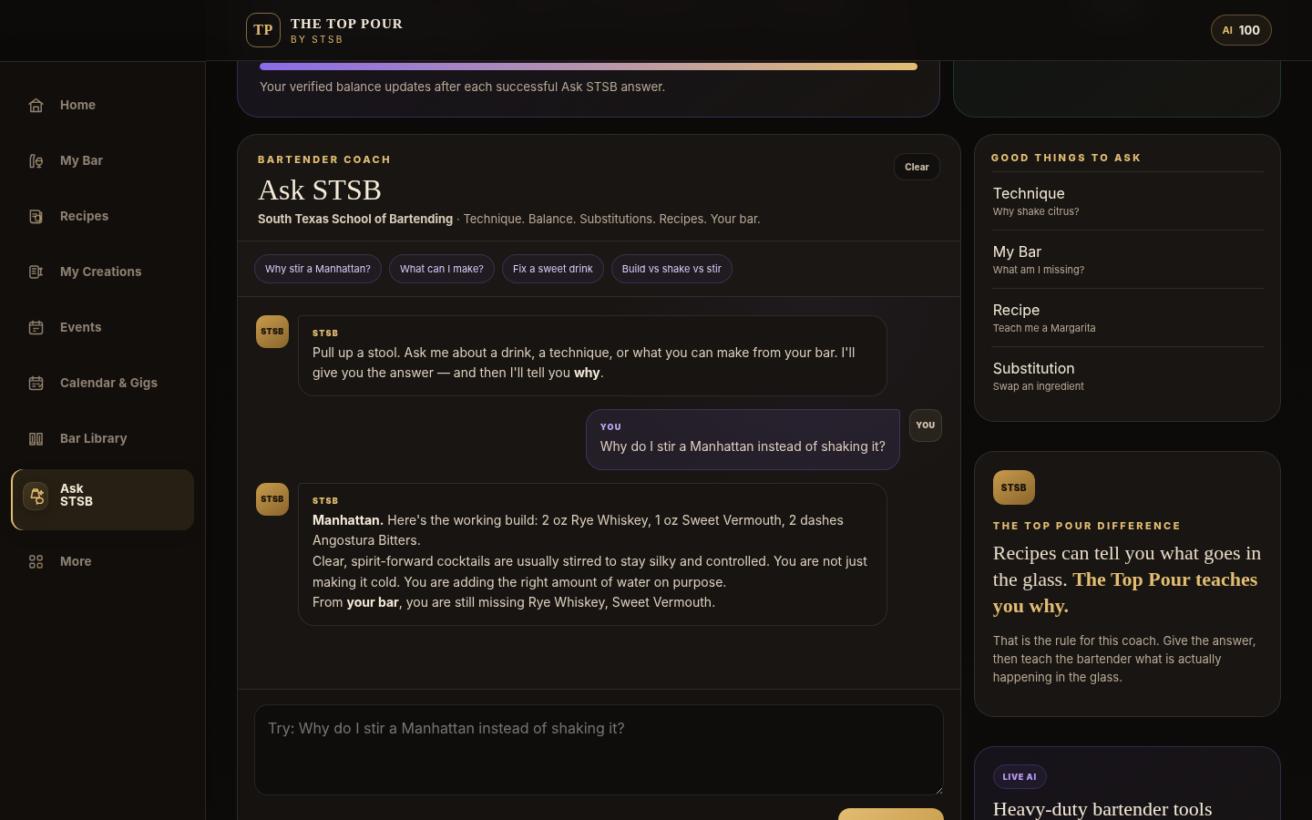 Live Ask STSB screen inside The Top Pour answering a bartending technique question