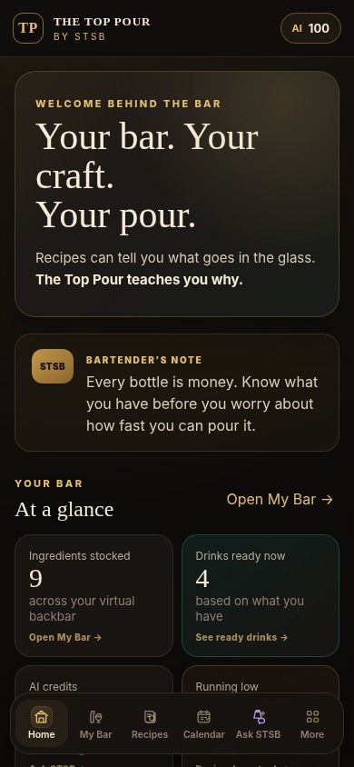 The Top Pour running on a mobile phone with the responsive bottom navigation