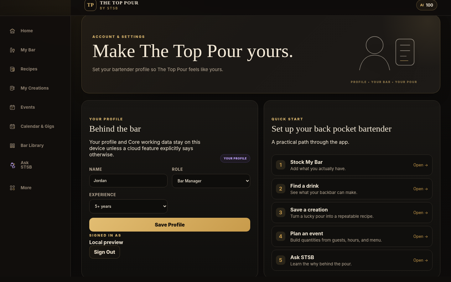 The Top Pour profile and quick-start workspace